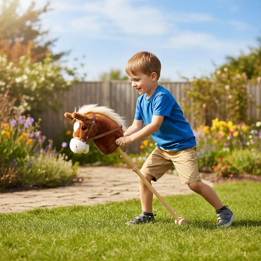 Child playing with a toy horse in a garden