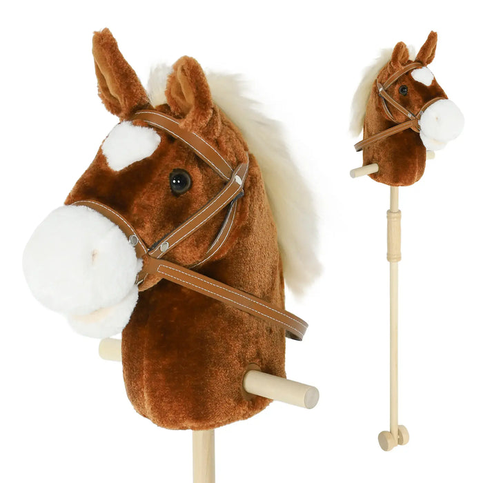 Plush horse toy with bridle and reins on a white background