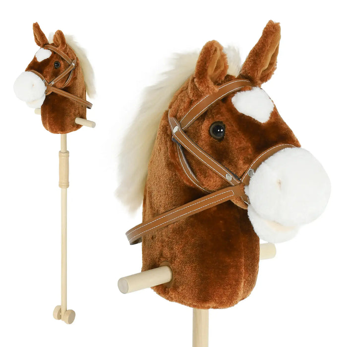 Plush horse head with bridle and reins on a white background