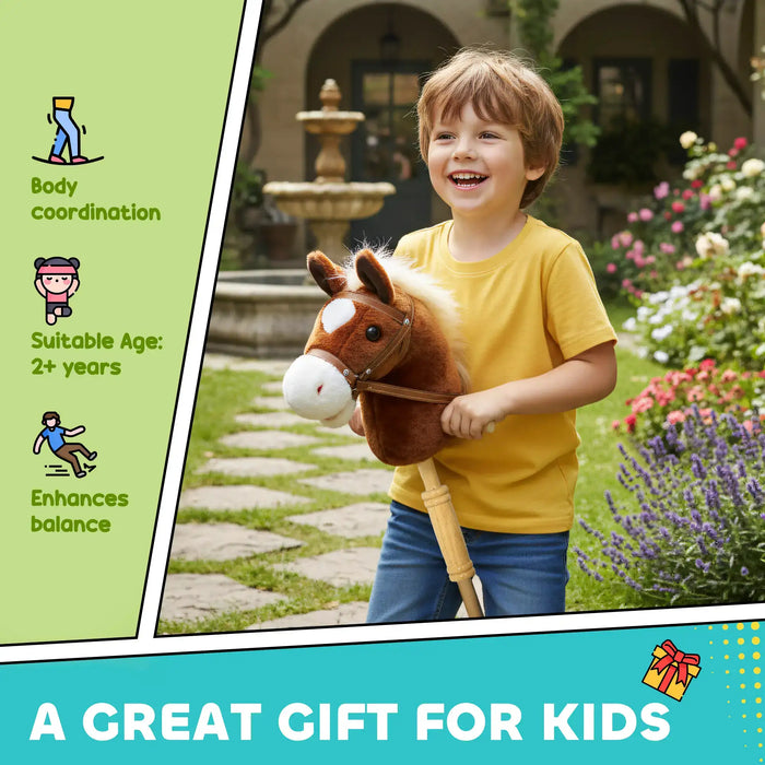 Child holding a plush horse toy in a garden setting with text on body coordination and suitability for children.