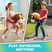 Two children playing with a plush horse toy, one indoors and one outdoors, with text 'Play Anywhere, Anytime!'.