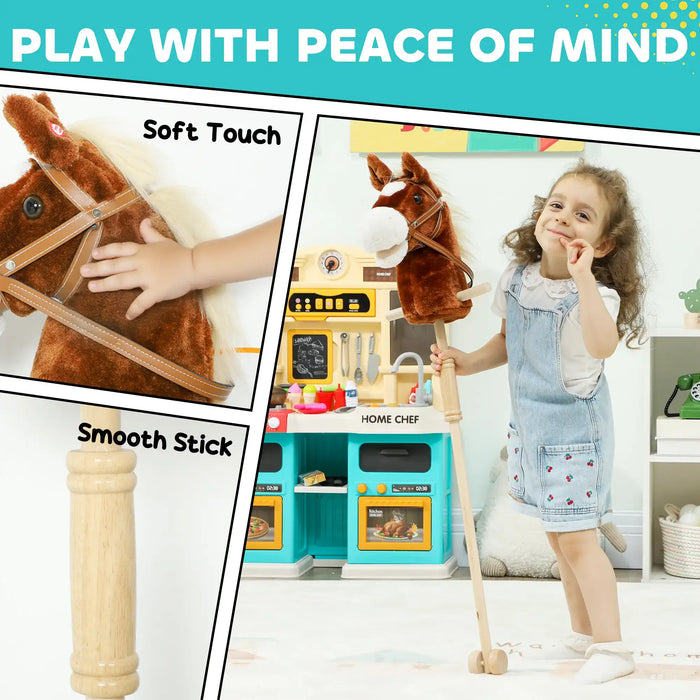 Child playing with a toy horse and kitchen set, with text 'Play with Peace of Mind' and product features.