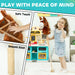 Child playing with a toy horse and kitchen set, with text 'Play with Peace of Mind' and product features.