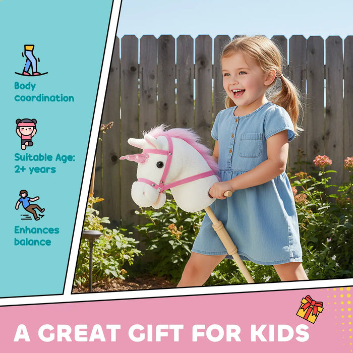 Child playing with a toy horse in a garden, with text on body coordination and suitability for children.