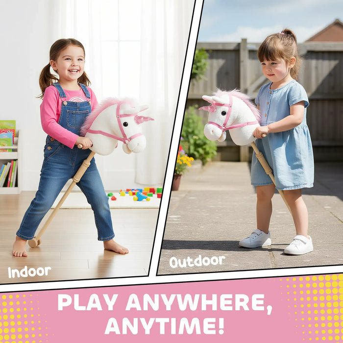 Two children playing with a toy horse, one indoors and one outdoors, with text 'Play Anywhere, Anytime!'.