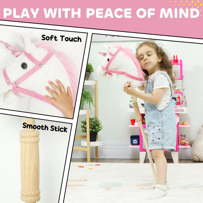 Child playing with a plush toy horse in a room with shelves and plants.