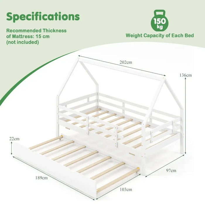 Kids House Daybed with Trundle White | Magical Design with Sleepover Solution - Little and Giant Explorers Costway
