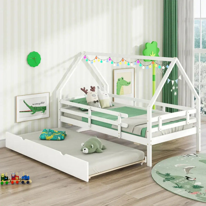 Kids House Daybed with Trundle White | Magical Design with Sleepover Solution - Little and Giant Explorers Costway