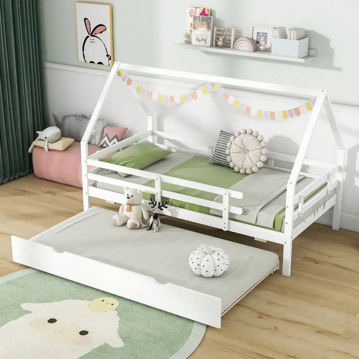 Kids House Daybed with Trundle White | Magical Design with Sleepover Solution - Little and Giant Explorers Costway