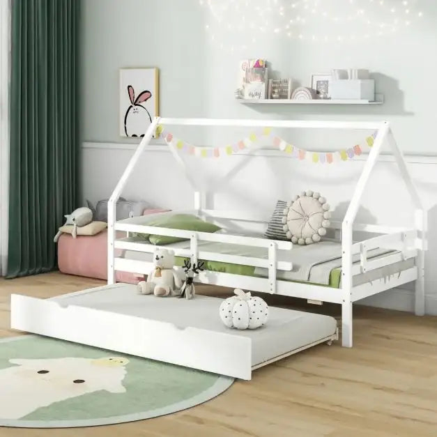 Kids House Daybed with Trundle White | Magical Design with Sleepover Solution - Little and Giant Explorers Costway