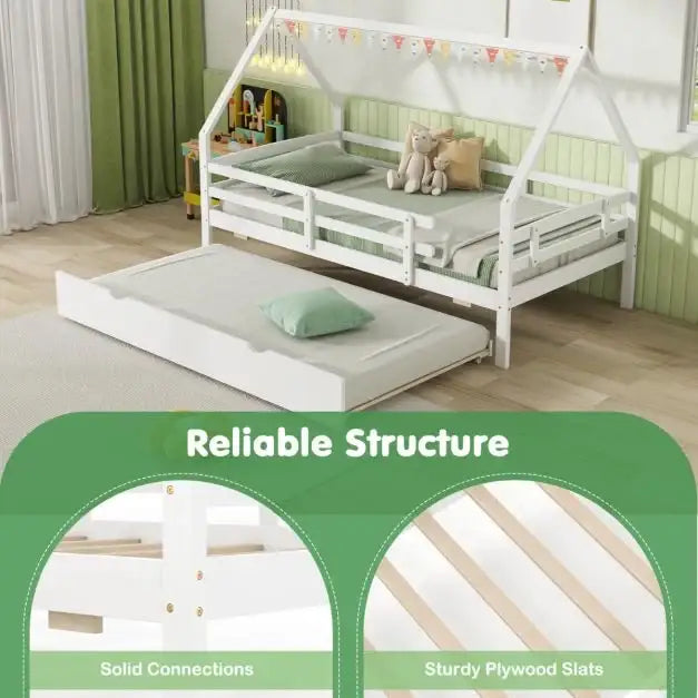 Kids House Daybed with Trundle White | Magical Design with Sleepover Solution - Little and Giant Explorers Costway