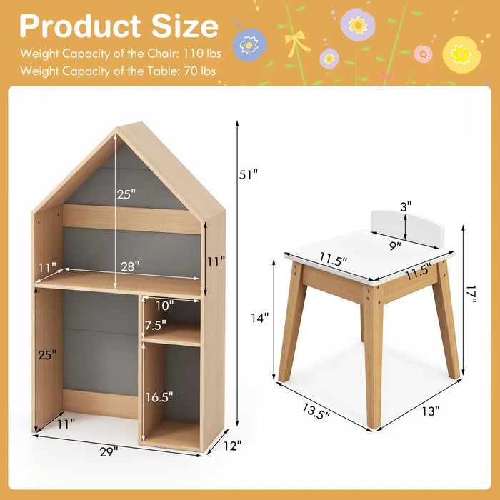 Kids House-Shaped Desk and Chair Set | Storage and Learning with Blackboard - Little and Giant Explorers Costway