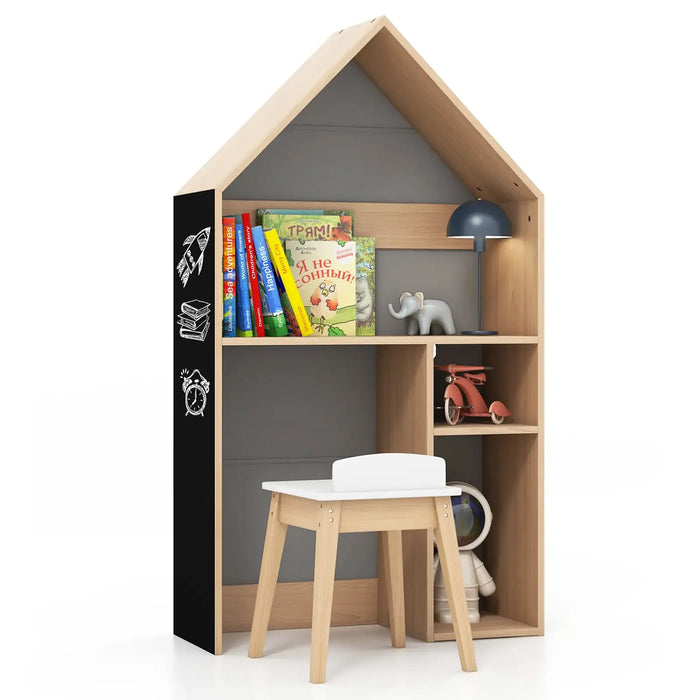 Kids House-Shaped Desk and Chair Set | Storage and Learning with Blackboard - Little and Giant Explorers Costway