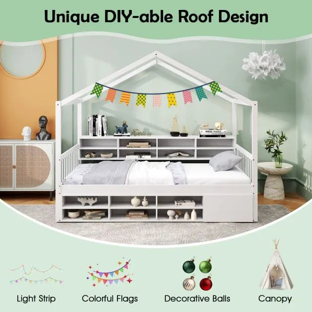 House-Shaped Platform Bed – White Solid Wood with 14 Storage Compartments | COSTWAY - Little and Giant Explorers Costway