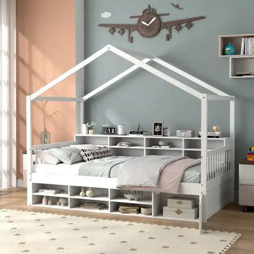 House-Shaped Platform Bed – White Solid Wood with 14 Storage Compartments | COSTWAY - Little and Giant Explorers Costway