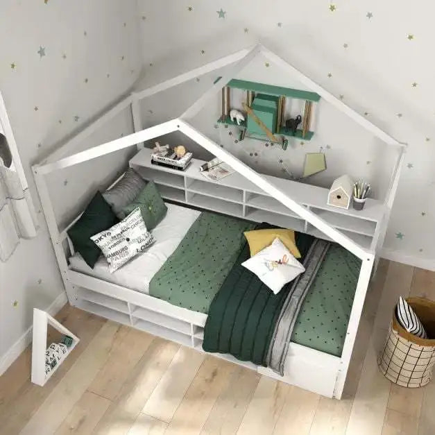 House-Shaped Platform Bed – White Solid Wood with 14 Storage Compartments | COSTWAY - Little and Giant Explorers Costway