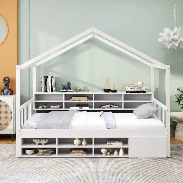 House-Shaped Platform Bed – White Solid Wood with 14 Storage Compartments | COSTWAY - Little and Giant Explorers Costway
