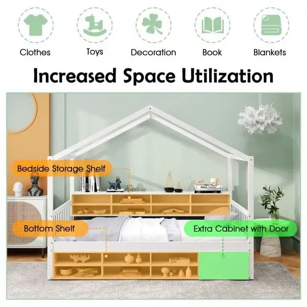 House-Shaped Platform Bed – White Solid Wood with 14 Storage Compartments | COSTWAY - Little and Giant Explorers Costway