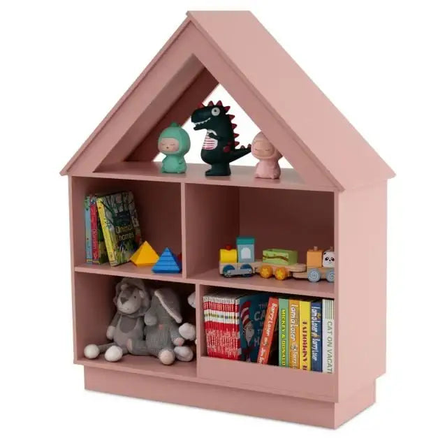 Kids House-Shaped Wooden Bookcase – Pink | 3-Tier Storage Unit with 5 Cubbies COSTWAY - Little and Giant Explorers Costway