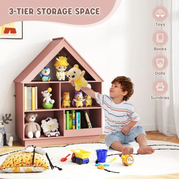 Kids House-Shaped Wooden Bookcase – Pink | 3-Tier Storage Unit with 5 Cubbies COSTWAY - Little and Giant Explorers Costway