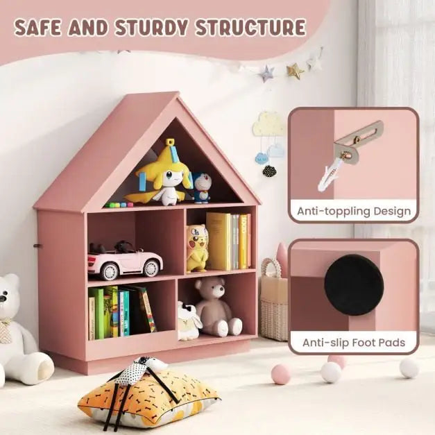 Kids House-Shaped Wooden Bookcase – Pink | 3-Tier Storage Unit with 5 Cubbies COSTWAY - Little and Giant Explorers Costway