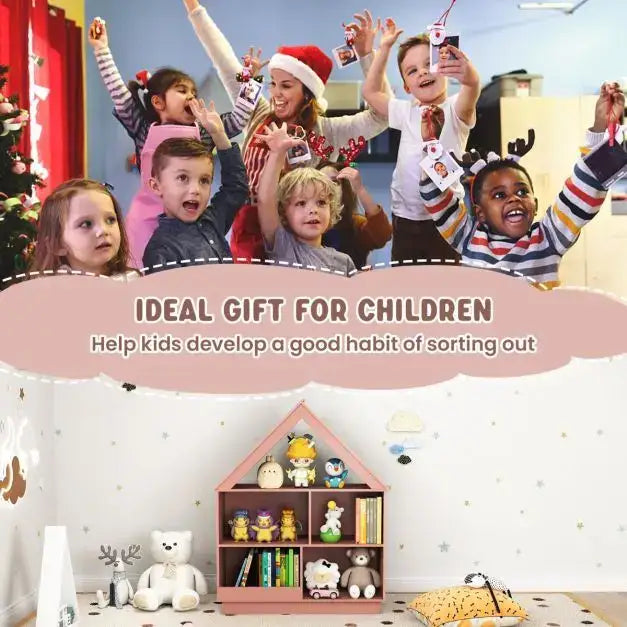 Kids House-Shaped Wooden Bookcase – Pink | 3-Tier Storage Unit with 5 Cubbies COSTWAY - Little and Giant Explorers Costway