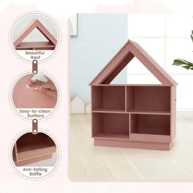 Kids House-Shaped Wooden Bookcase – Pink | 3-Tier Storage Unit with 5 Cubbies COSTWAY - Little and Giant Explorers Costway