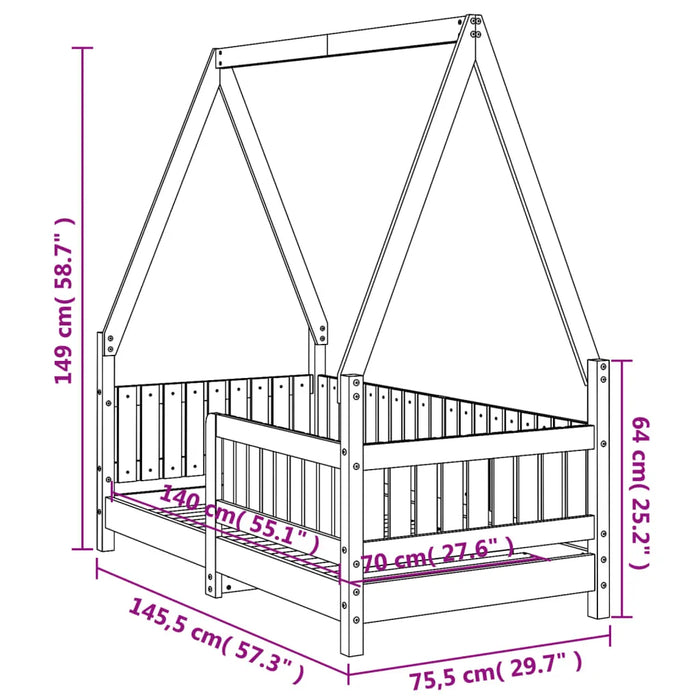 Kids House-Style Bed Frame in Solid Wood Pine (70 x 140cm) - Little and Giant Explorers vidaXL