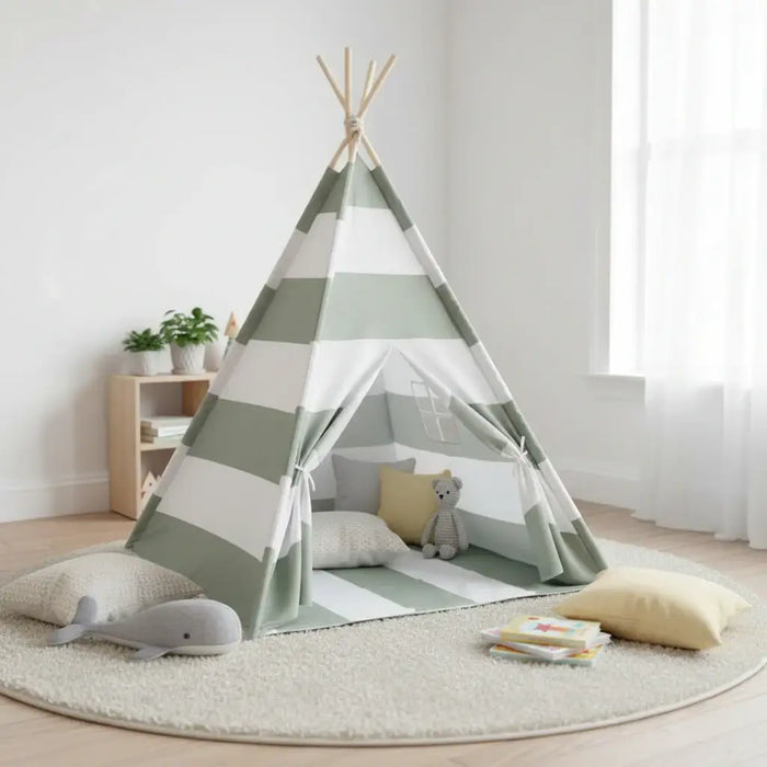 Children's teepee with striped design in a room with toys and pillows.