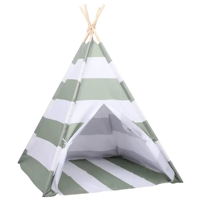 Green and white striped teepee tent on a white background