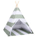 Green and white striped teepee tent on a white background