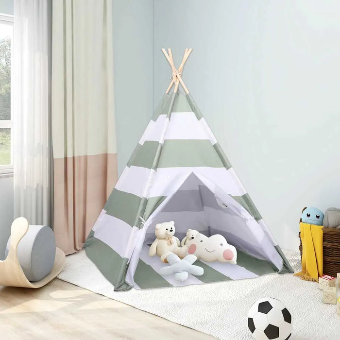 Children's teepee tent with toys inside in a room setting