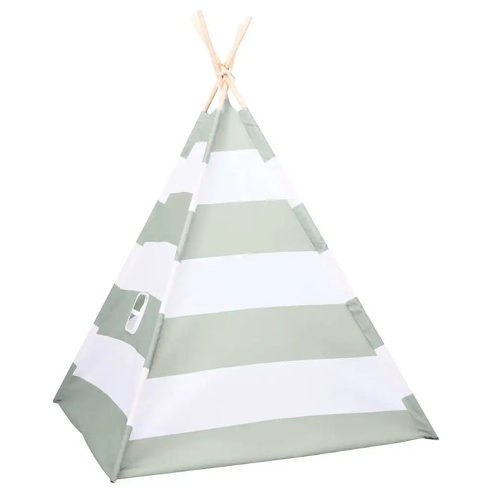 Green and white striped teepee tent on a white background