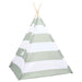 Green and white striped teepee tent on a white background