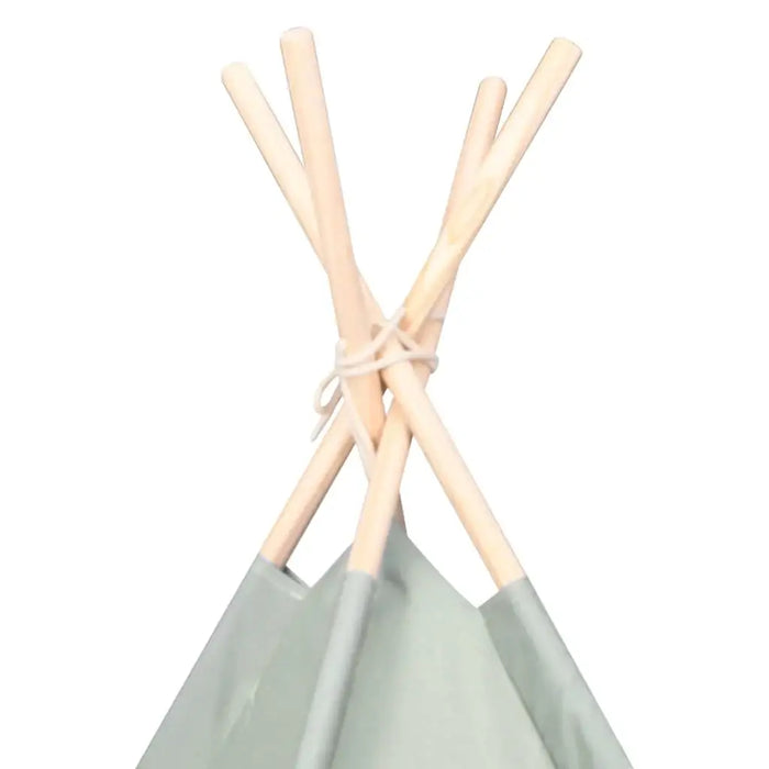 Children's teepee with wooden sticks and green fabric on a white background