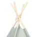 Children's teepee with wooden sticks and green fabric on a white background