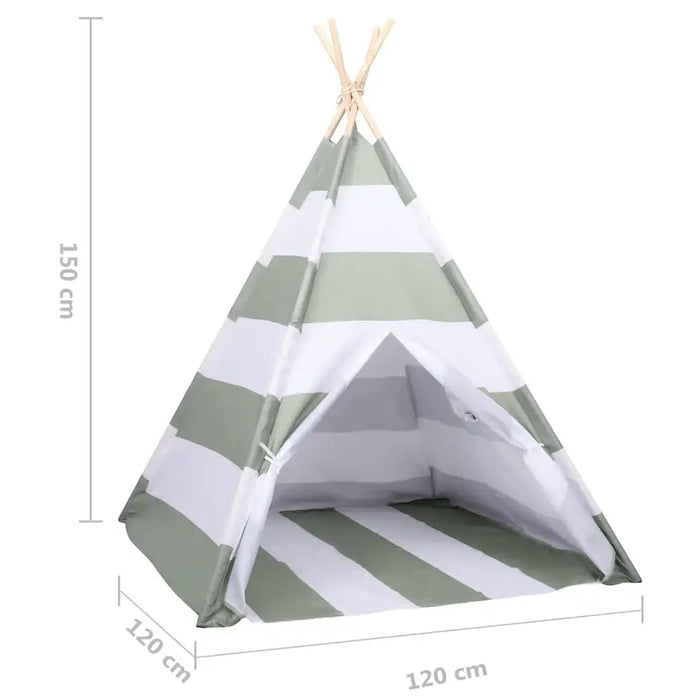 Green and white striped teepee tent with dimensions on a white background