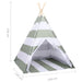 Green and white striped teepee tent with dimensions on a white background