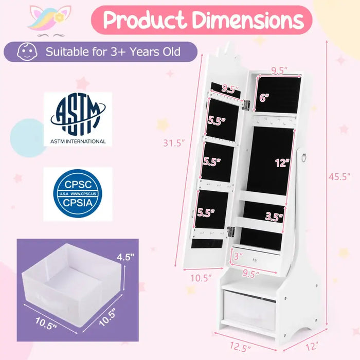 Kids Jewellery Cabinet Full-Length Mirror White Unicorn Design | Anti-Toppling Device with Storage - Little and Giant Explorers Costway