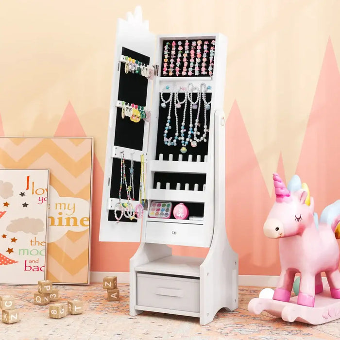 Kids Jewellery Cabinet Full-Length Mirror White Unicorn Design | Anti-Toppling Device with Storage - Little and Giant Explorers Costway