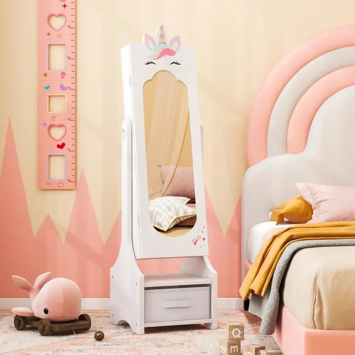 Kids Jewellery Cabinet Full-Length Mirror White Unicorn Design | Anti-Toppling Device with Storage - Little and Giant Explorers Costway