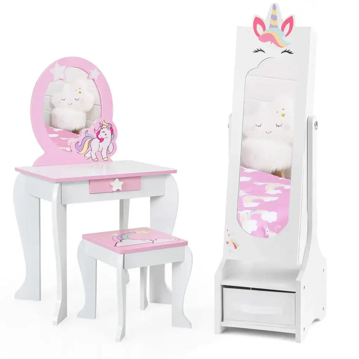 Kids Jewellery Cabinet Full-Length Mirror White Unicorn Design | Anti-Toppling Device with Storage - Little and Giant Explorers Costway
