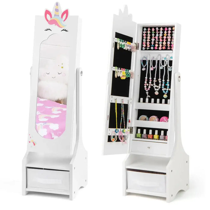 Kids Jewellery Cabinet Full-Length Mirror White Unicorn Design | Anti-Toppling Device with Storage - Little and Giant Explorers Costway
