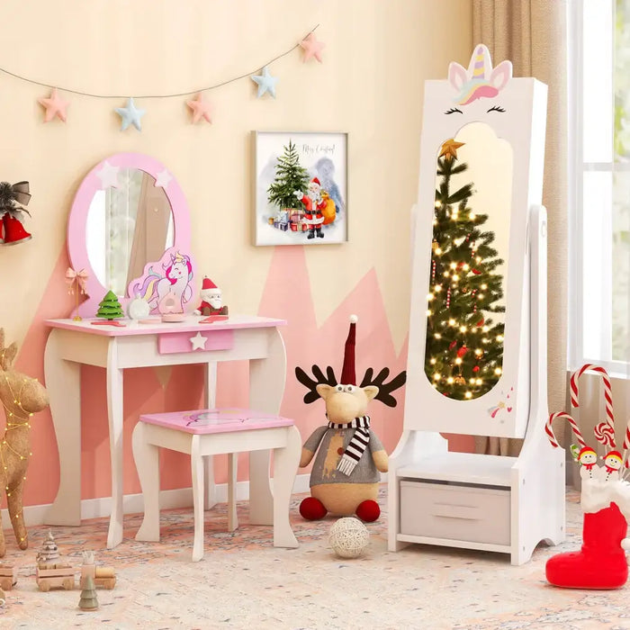 Kids Jewellery Cabinet Full-Length Mirror White Unicorn Design | Anti-Toppling Device with Storage - Little and Giant Explorers Costway