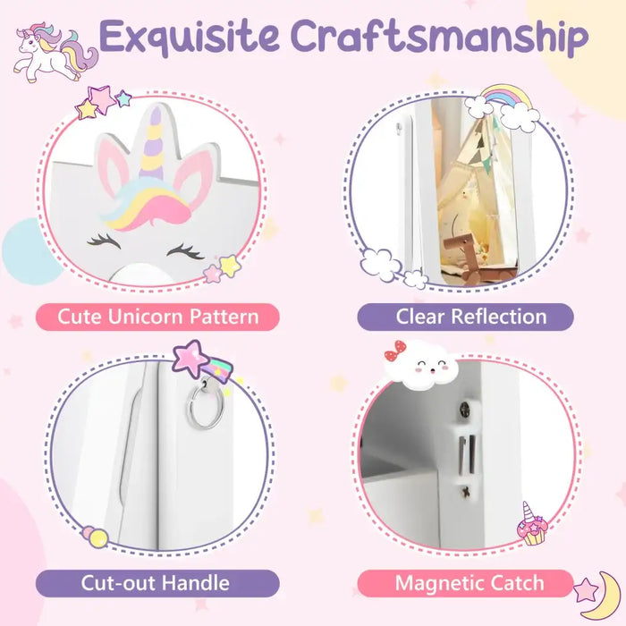 Kids Jewellery Cabinet Full-Length Mirror White Unicorn Design | Anti-Toppling Device with Storage - Little and Giant Explorers Costway