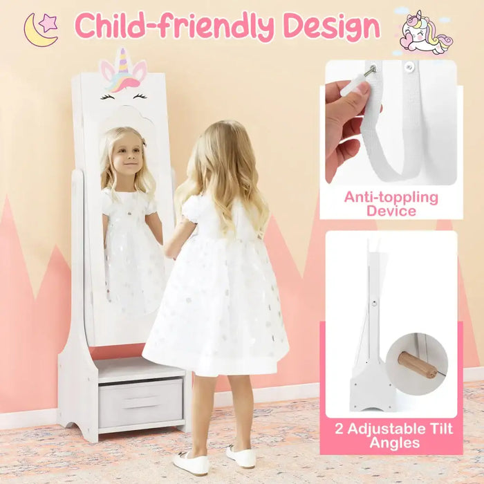 Kids Jewellery Cabinet Full-Length Mirror White Unicorn Design | Anti-Toppling Device with Storage - Little and Giant Explorers Costway