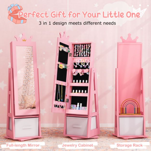 Kids Jewellery Cabinet and Full Length Mirror in Pink - Little and Giant Explorers Costway