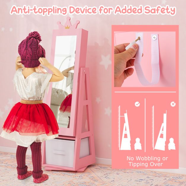 Kids Jewellery Cabinet and Full Length Mirror in Pink - Little and Giant Explorers Costway