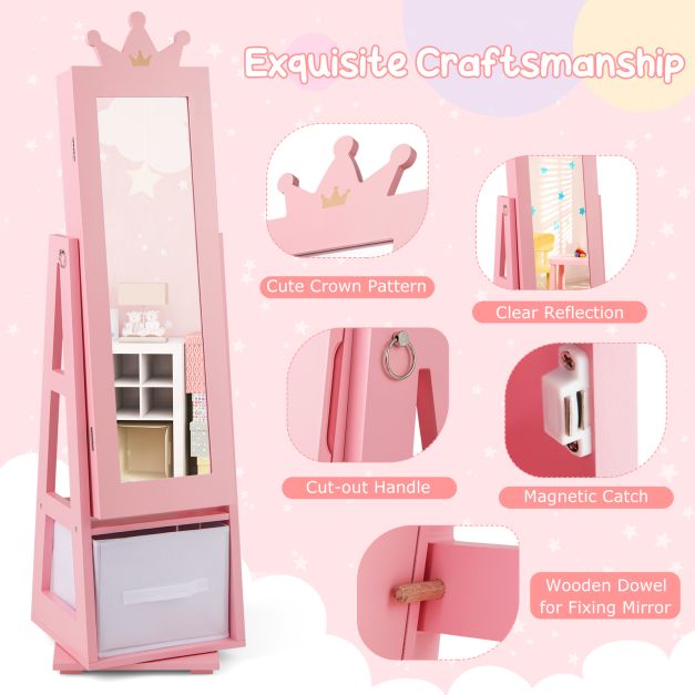 Kids Jewellery Cabinet and Full Length Mirror in Pink - Little and Giant Explorers Costway