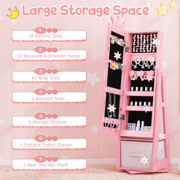 Kids Jewellery Cabinet and Full Length Mirror in Pink - Little and Giant Explorers Costway